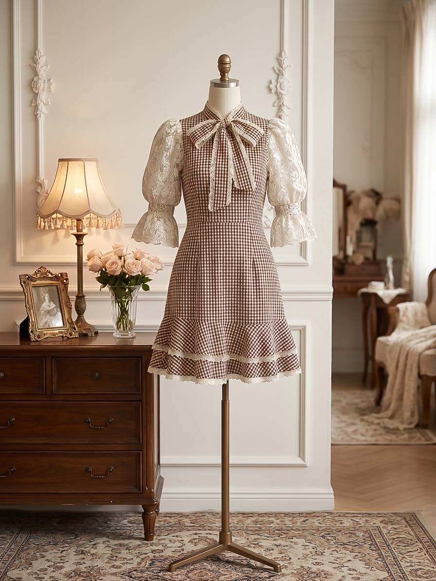 Elegant Brown Gingham Lace Puff Sleeve Mini Dress