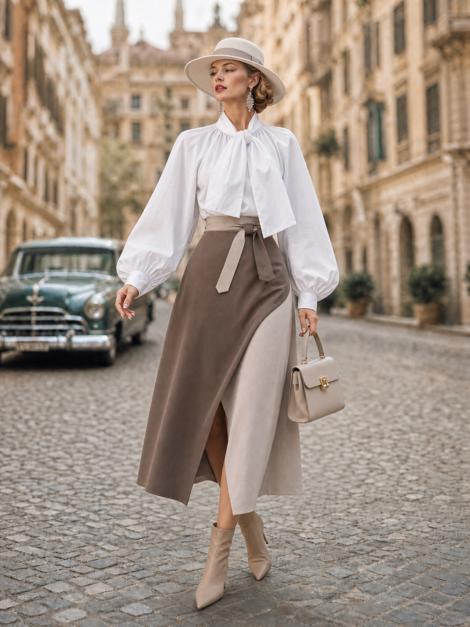 Vintage Soft Color Block Split Midi Skirt