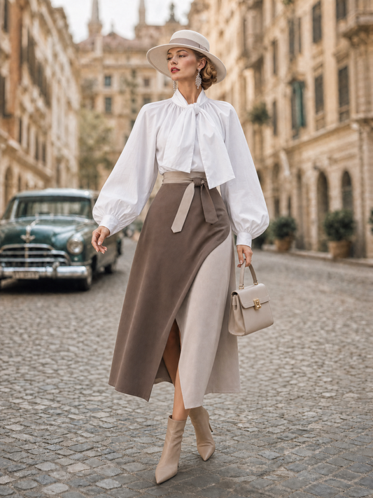 Vintage Soft Color Block Split Midi Skirt