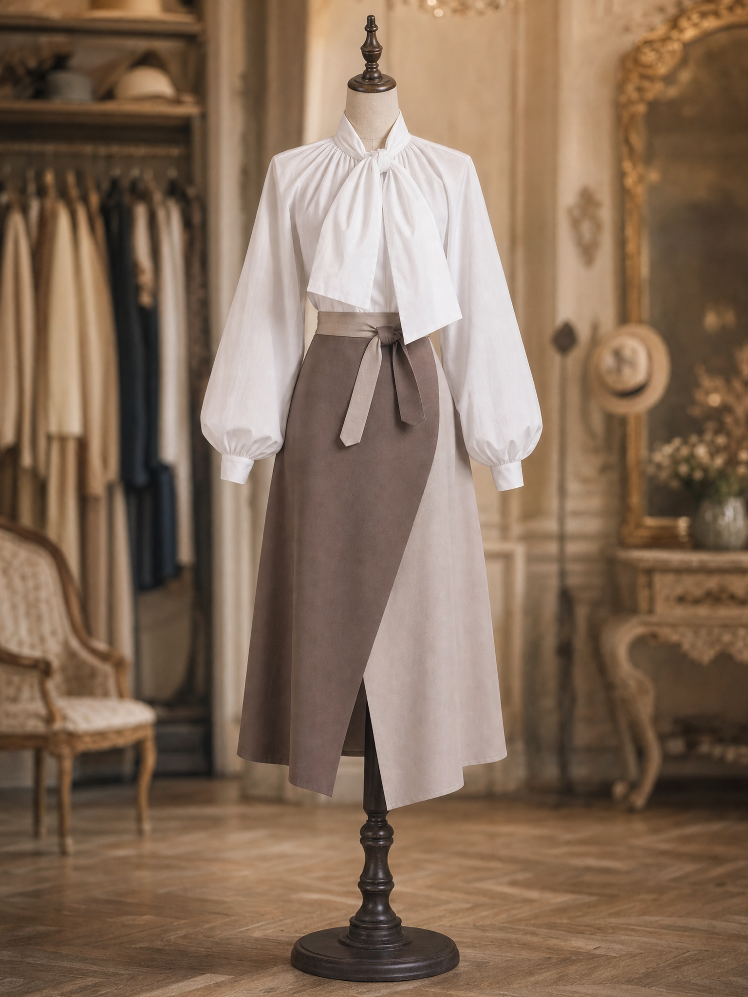 Vintage Soft Color Block Split Midi Skirt