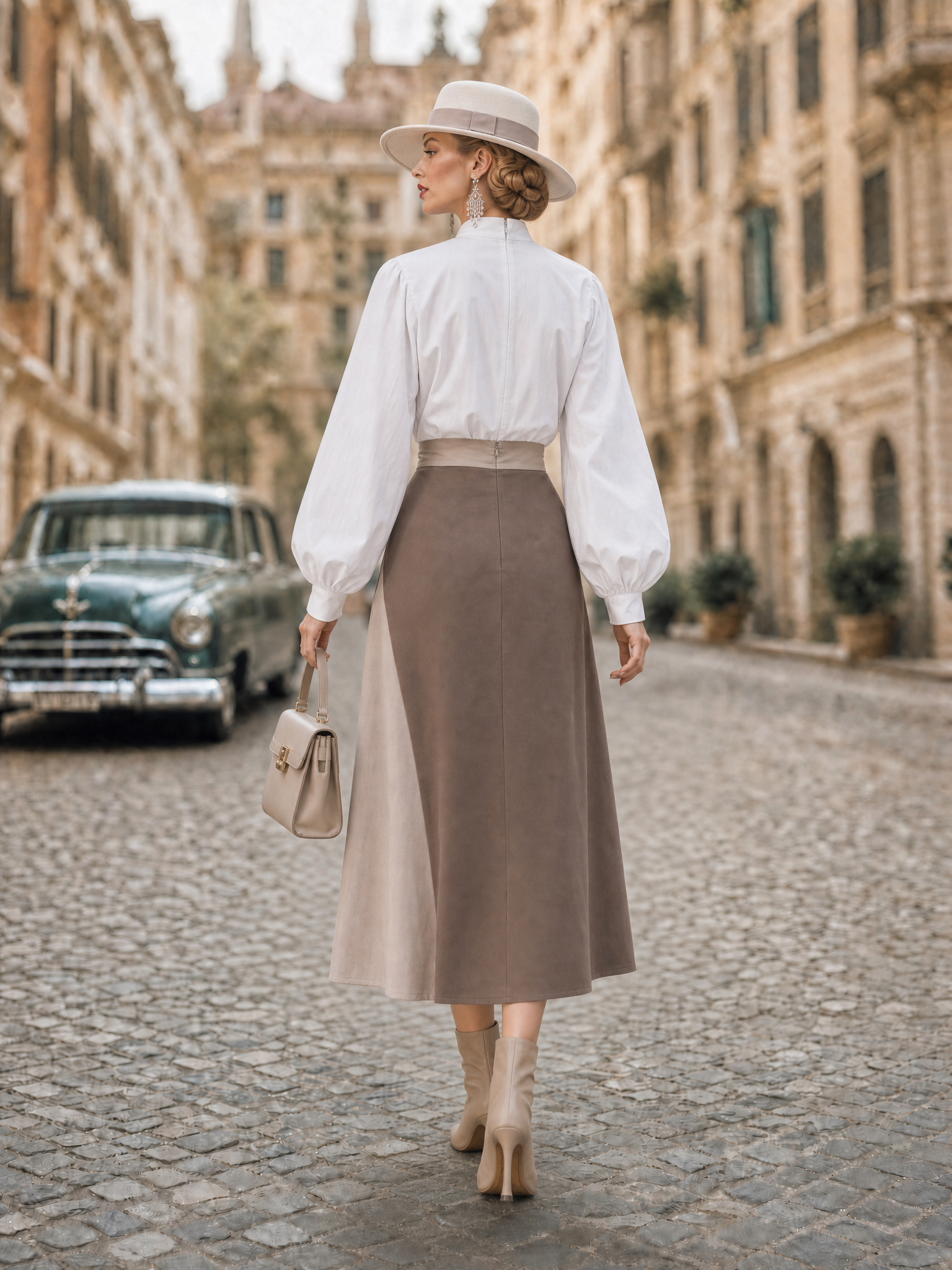 Vintage Soft Color Block Split Midi Skirt