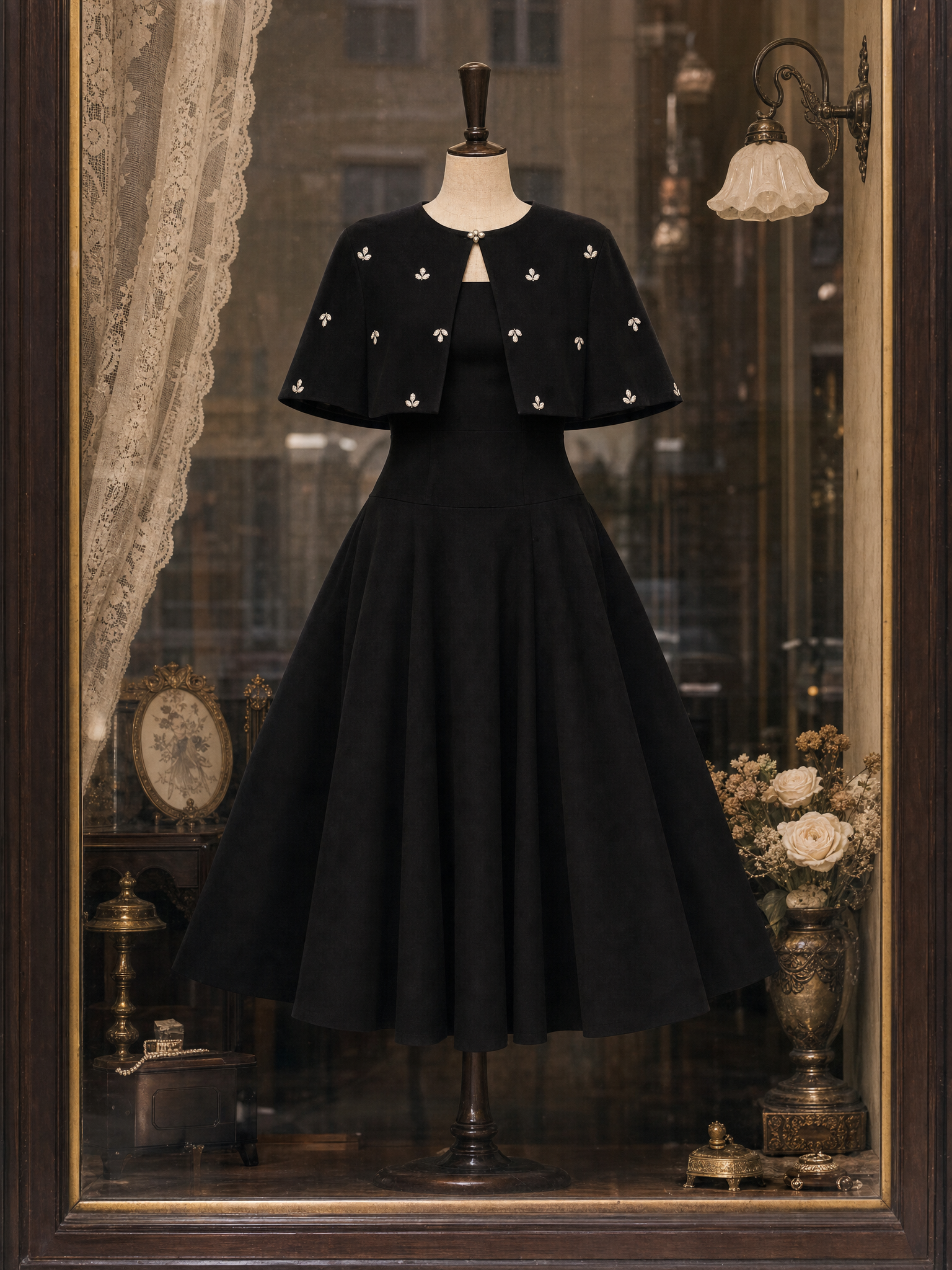 Vintage Beaded Cape Dress Two-Piece Set