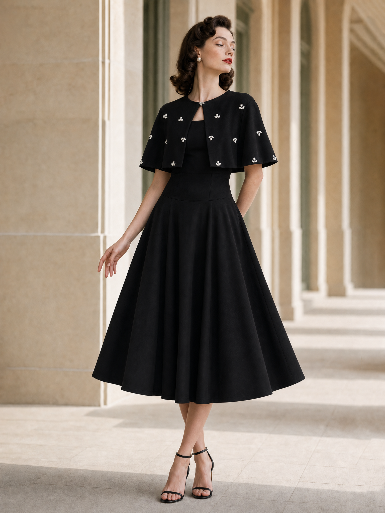 Vintage Beaded Cape Dress Two-Piece Set