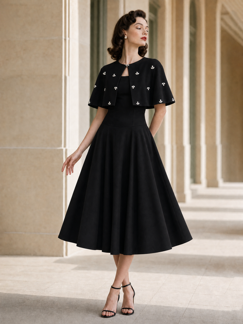 Vintage Beaded Cape Dress Two-Piece Set