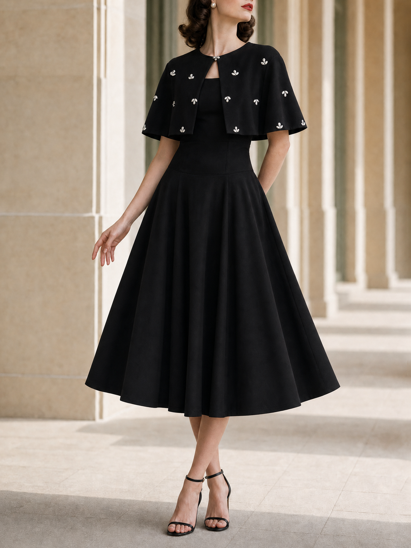 Vintage Beaded Cape Dress Two-Piece Set