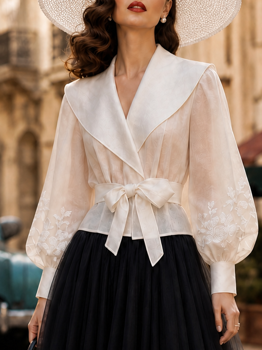 Vintage Ivory Shawl-Collar Bishop-Sleeve Embroidery Blouse