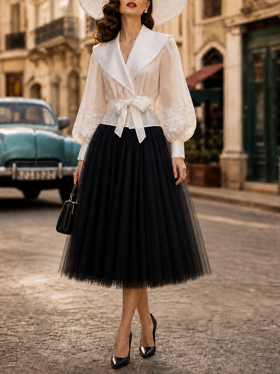 Elegant Black High-Waist Tiered Tulle A-Line Midi Skirt