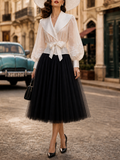 Elegant Black High-Waist Tiered Tulle A-Line Midi Skirt