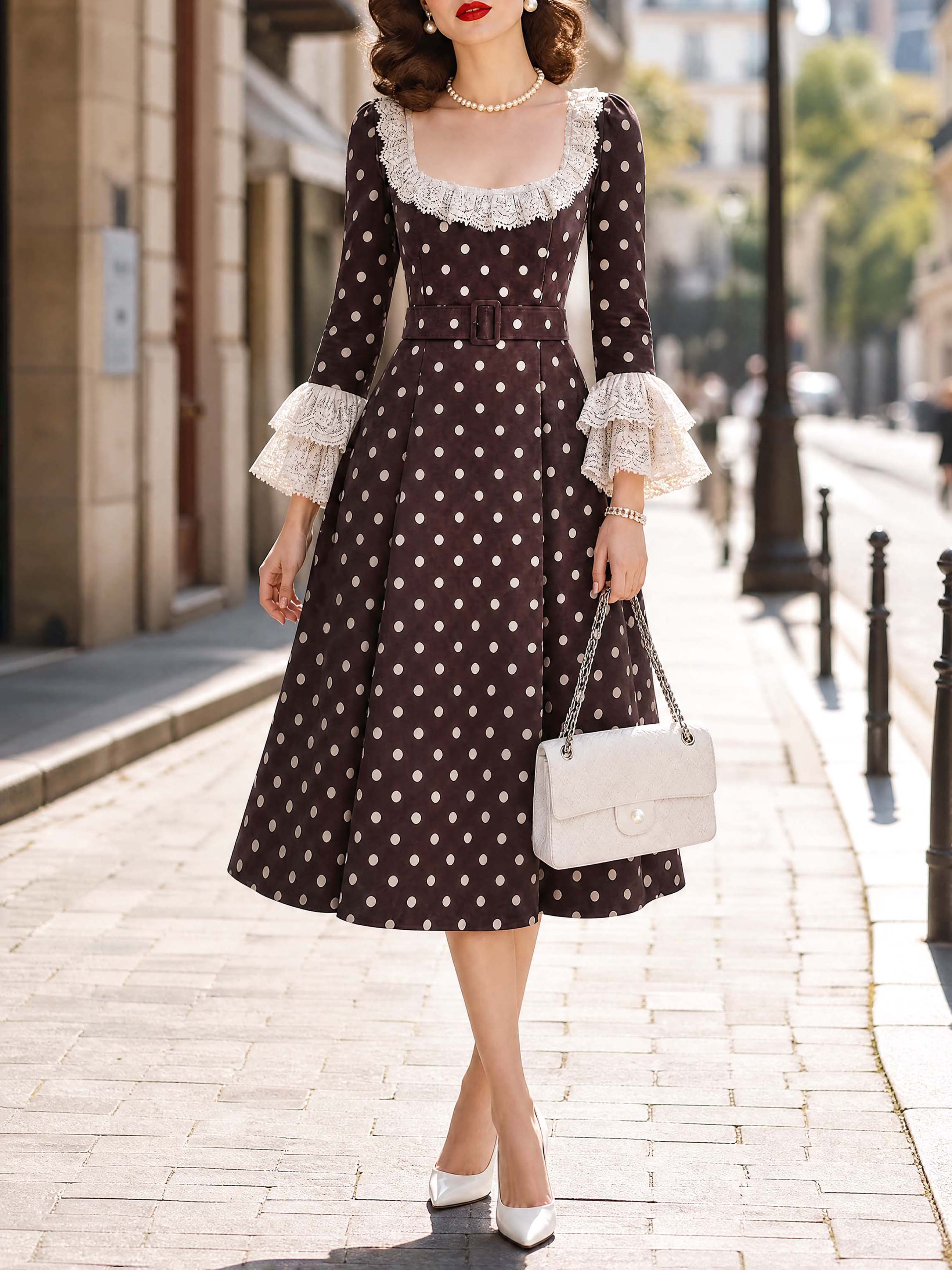 Vintage Lace Trim Polka Dot Midi Dress