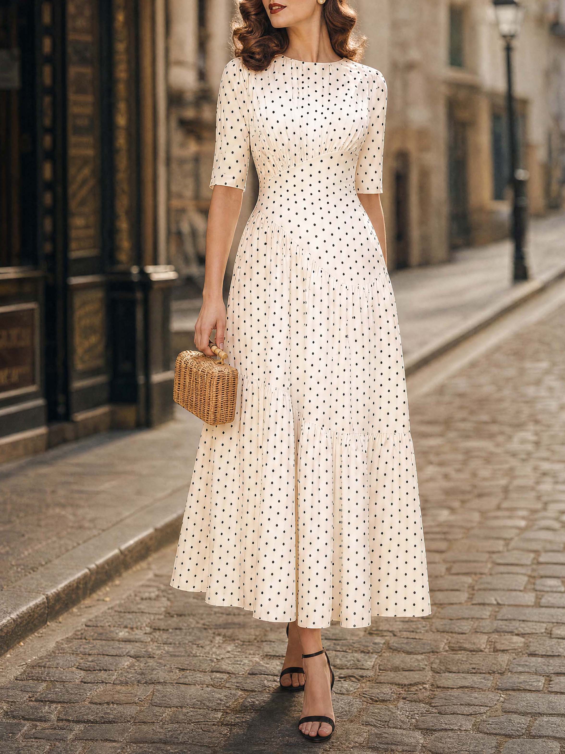 Vintage Polka Dot Tiered Maxi Dress
