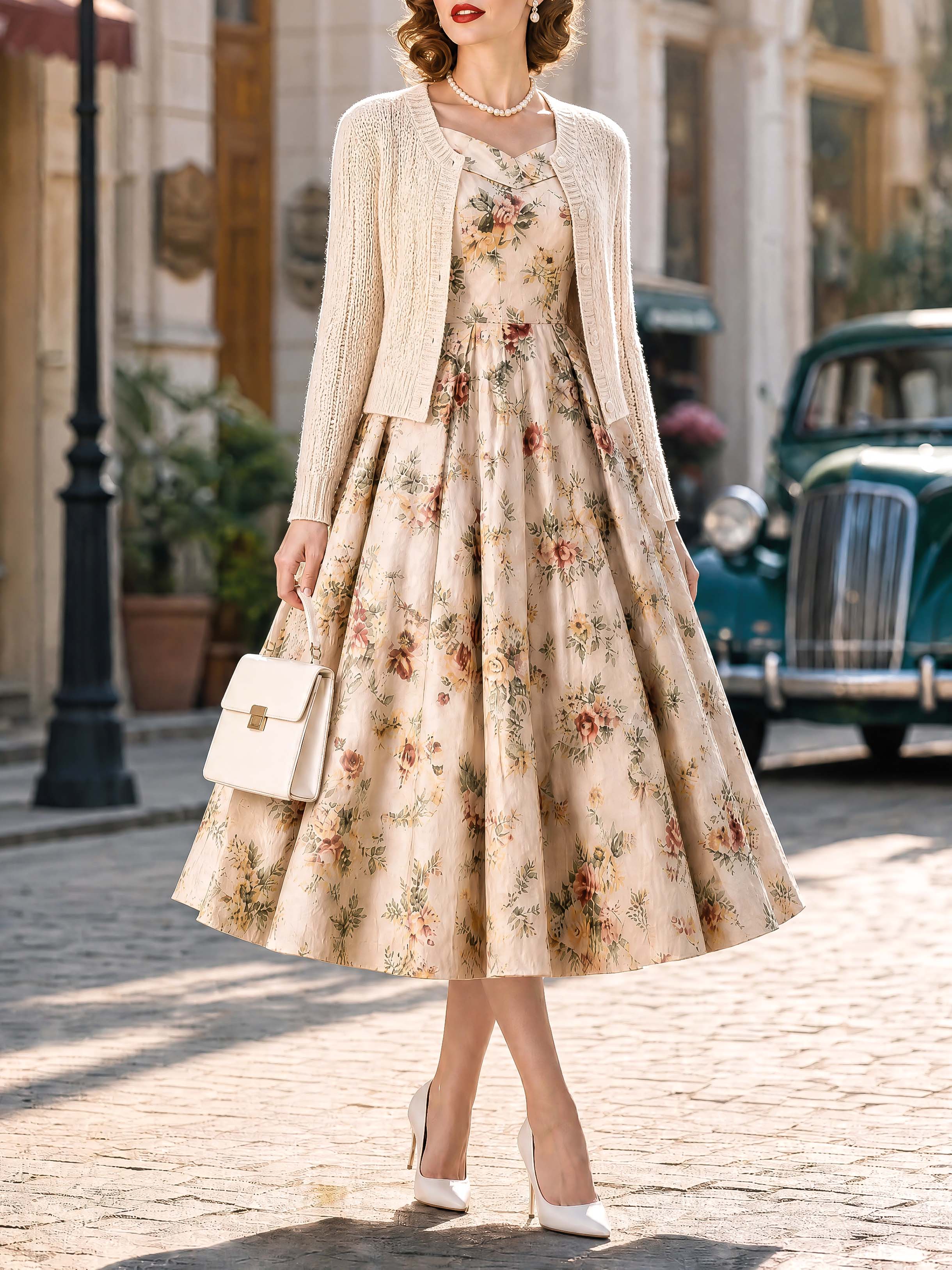 Vintage Floral Square Neck Swing Dress