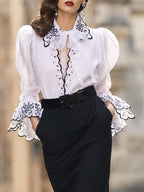 Elegant White Floral-Embroidery Tie-Neck Ruffle Blouse