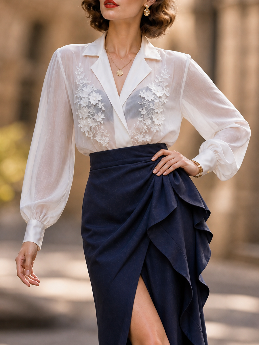 Elegant White 3D Floral Applique Blouse