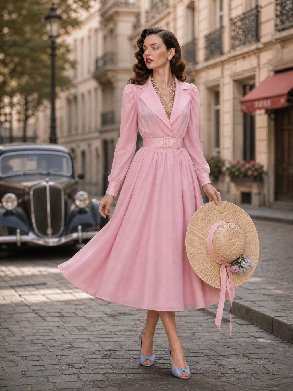 Vintage Pink Lapel-Collar Puff Long-Sleeve Belted Midi Dress