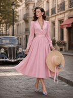 Vintage Pink Lapel-Collar Puff Long-Sleeve Belted Midi Dress