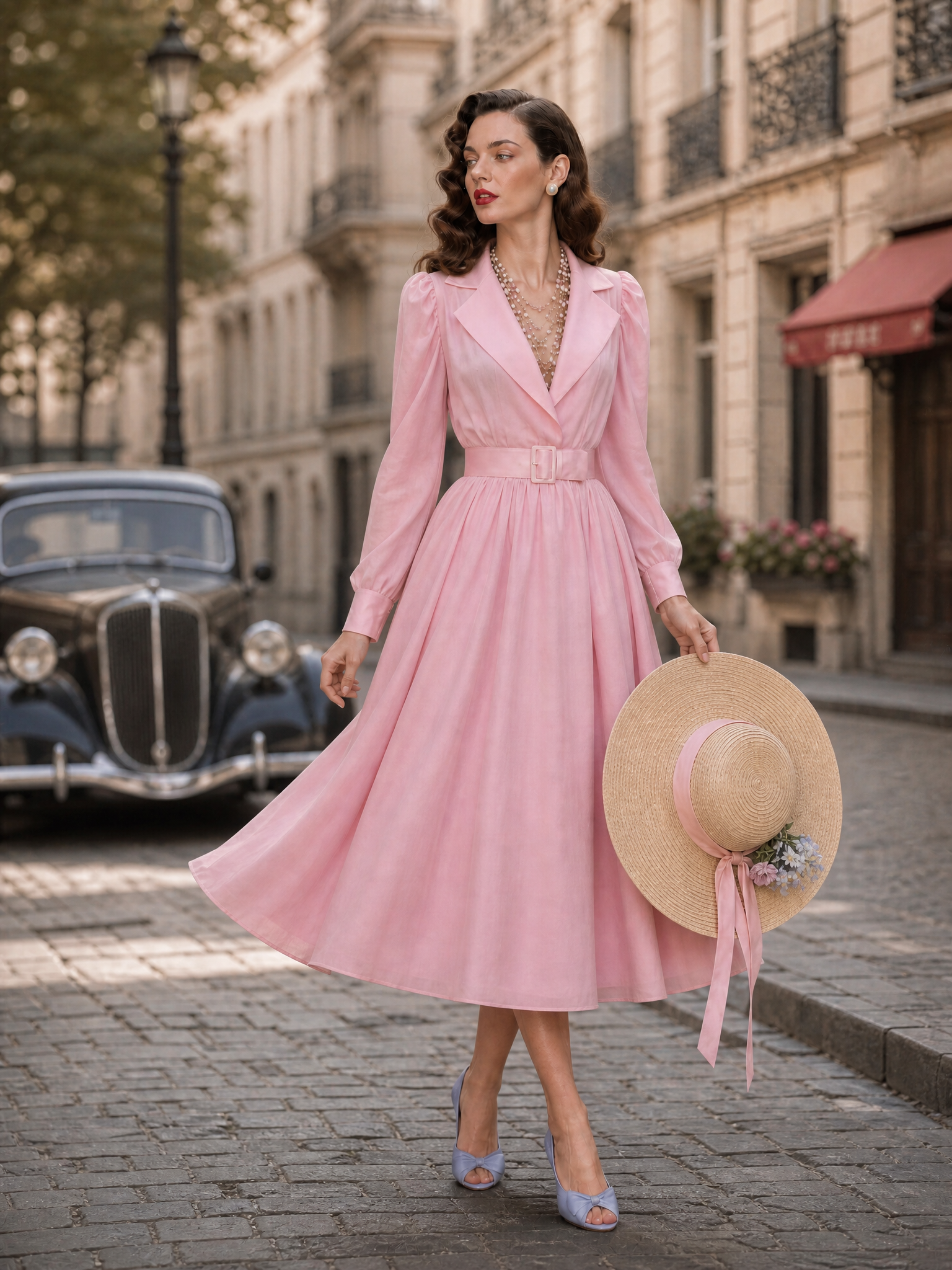 Vintage Pink Lapel-Collar Puff Long-Sleeve Belted Midi Dress