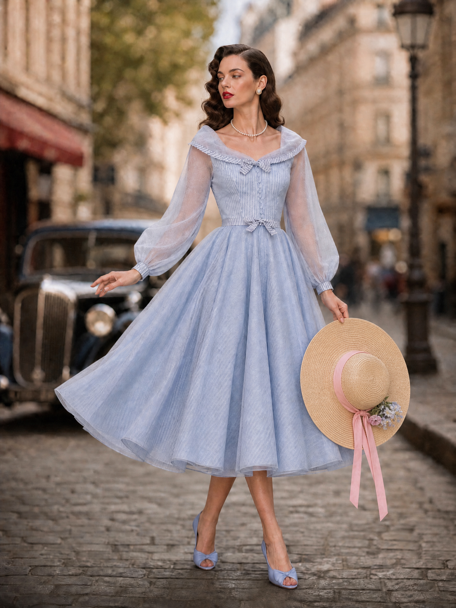 1950s Vintage Blue Portrait-Collar Belted Fit-and-Flare Midi Dress