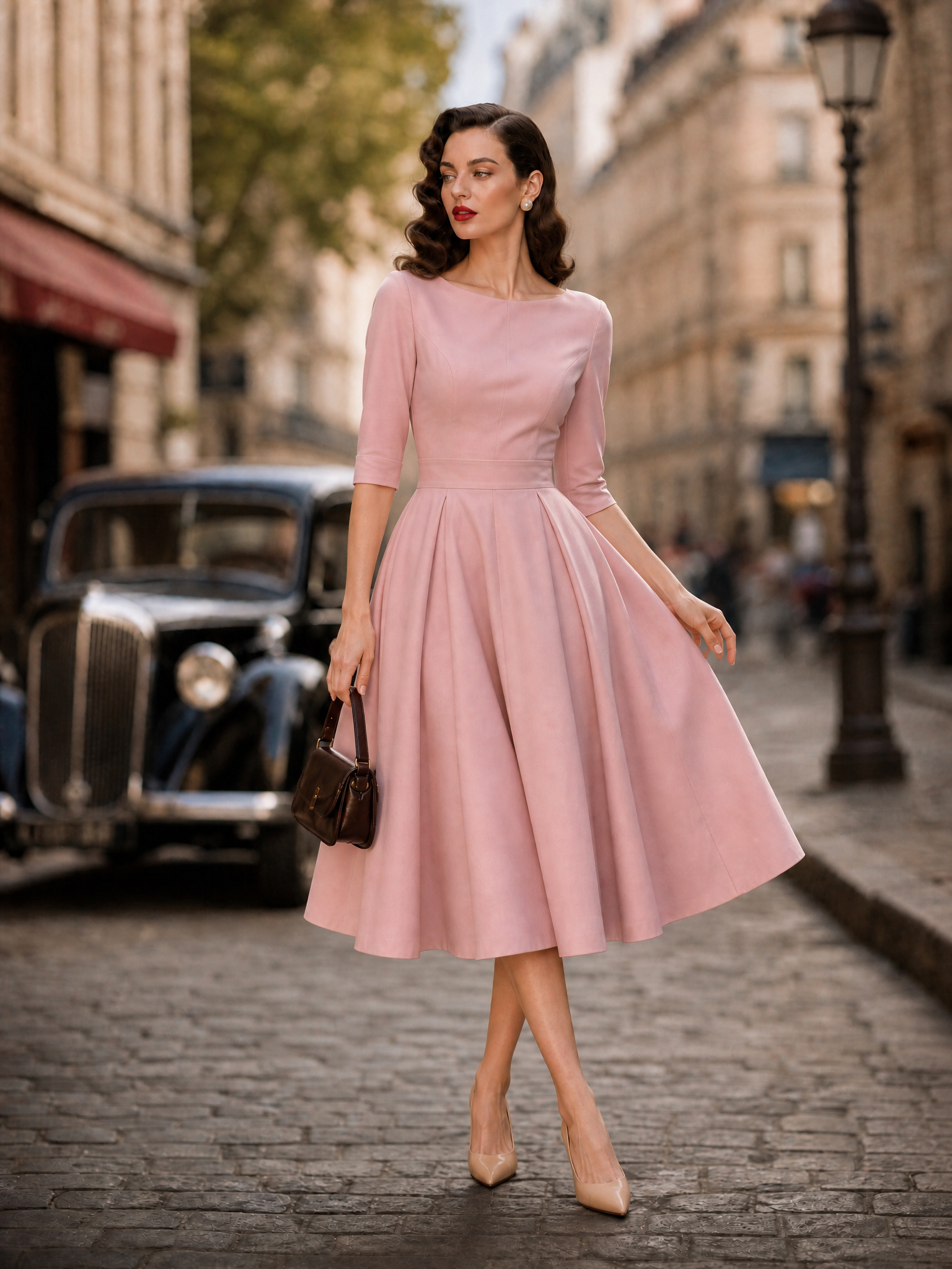 1950s Retro Audrey-Style Pink Swing Midi Dress