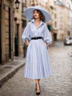 French Retro Sky-Blue Lantern-Sleeve A-Line Midi Dress