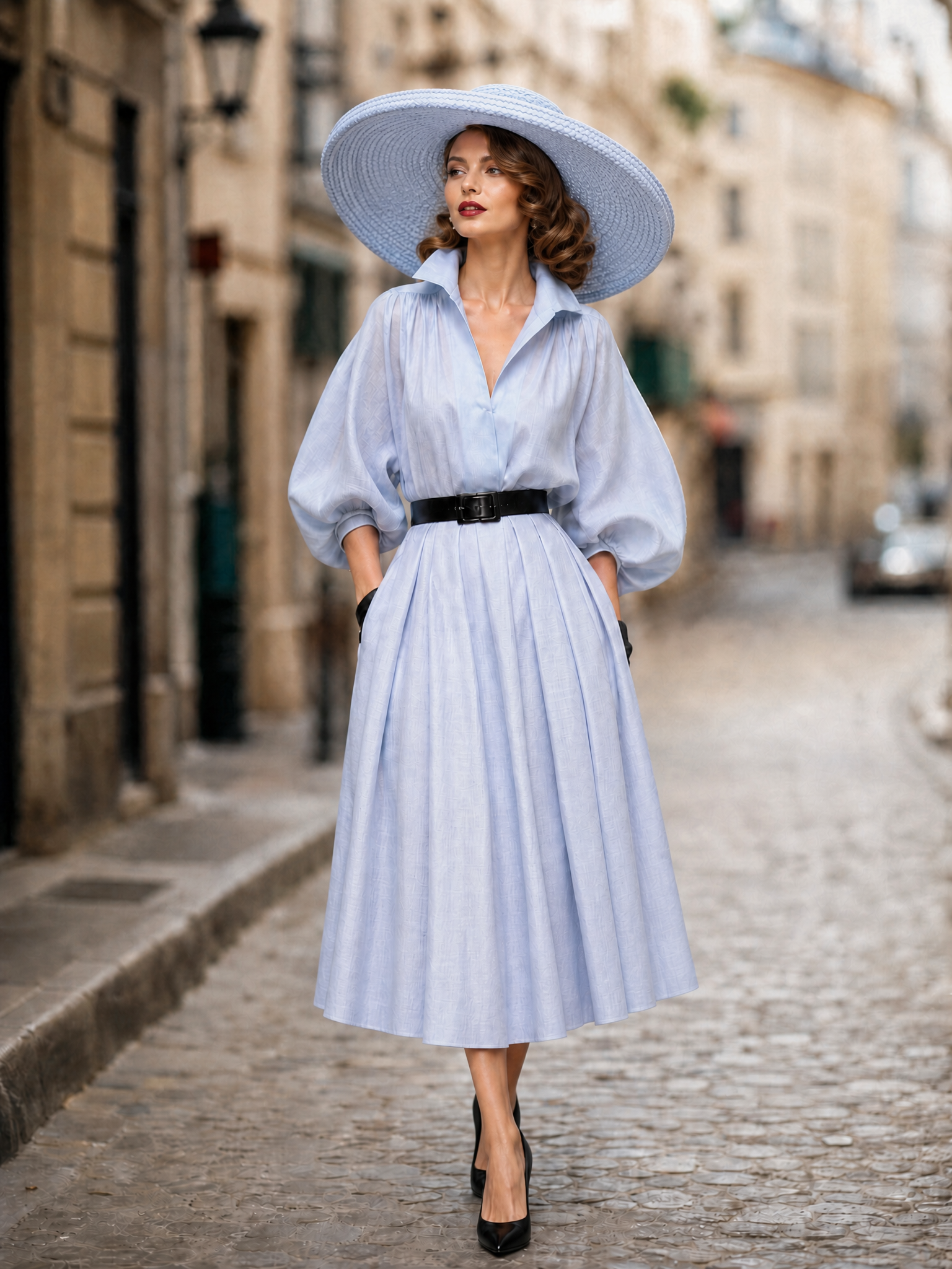 French Retro Sky-Blue Lantern-Sleeve A-Line Midi Dress