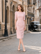 Retro Boat-Neck Blush Pink Bodycon Midi Dress