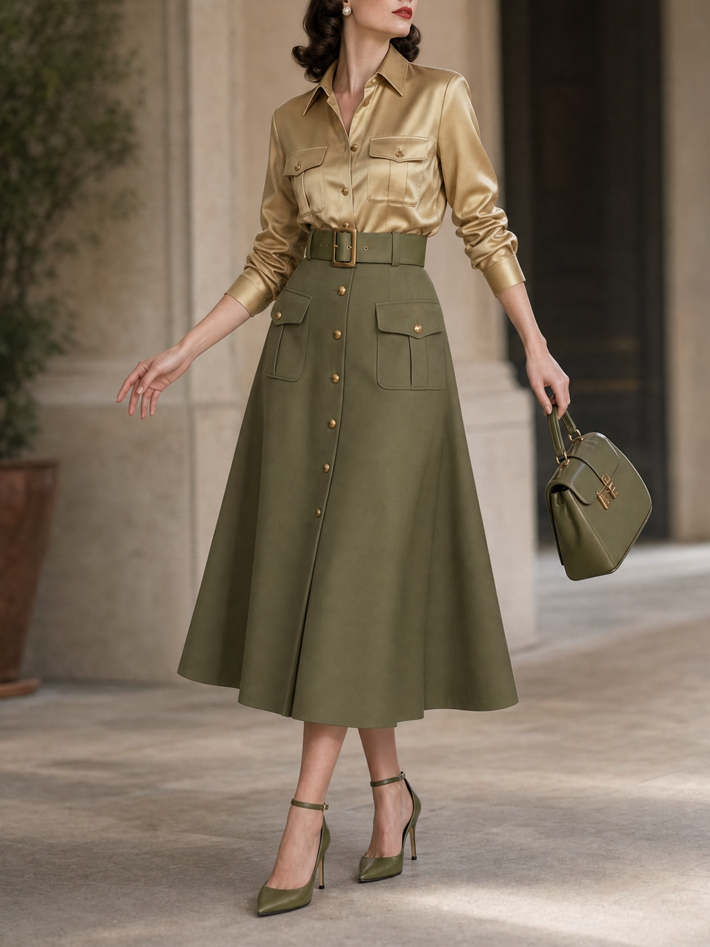 Vintage Satin Shirt & High Waist Skirt Two-Piece Set