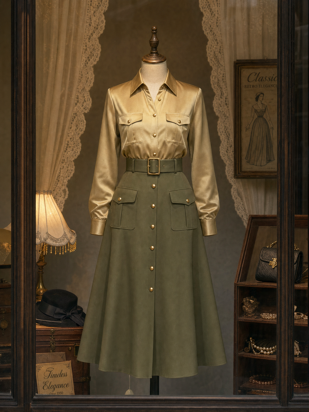 Vintage Satin Shirt & High Waist Skirt Two-Piece Set