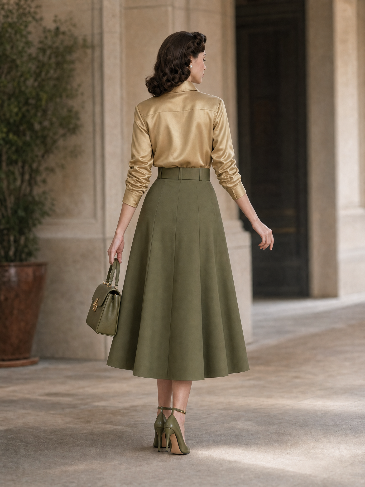 Vintage Satin Shirt & High Waist Skirt Two-Piece Set