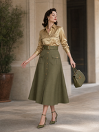 Vintage Satin Shirt & High Waist Skirt Two-Piece Set