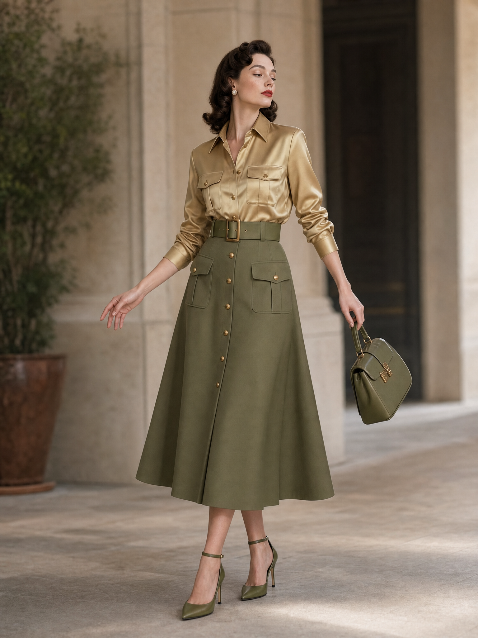 Vintage Satin Shirt & High Waist Skirt Two-Piece Set