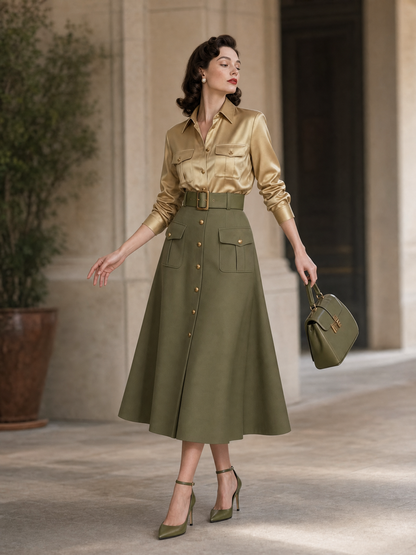 Vintage Satin Shirt & High Waist Skirt Two-Piece Set