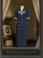 Vintage Nautical Collar Polka Dot Print Bodycon Midi Dress