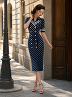 Vintage Nautical Collar Polka Dot Print Bodycon Midi Dress