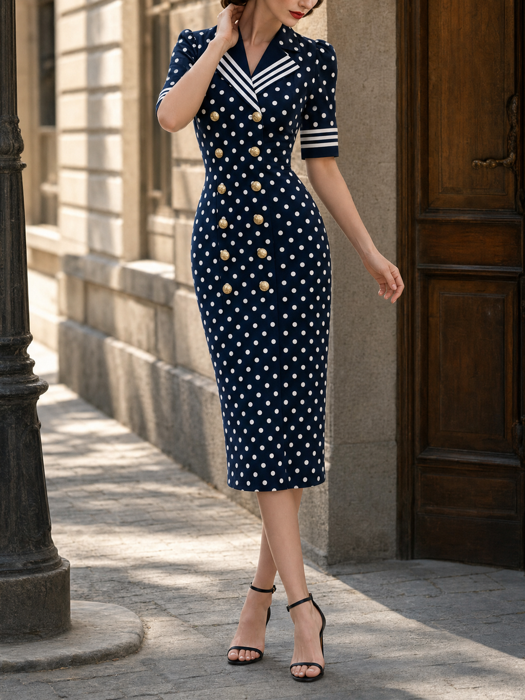 Vintage Nautical Collar Polka Dot Print Bodycon Midi Dress
