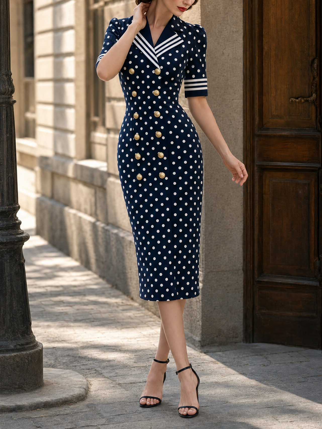 Vintage Nautical Collar Polka Dot Print Bodycon Midi Dress