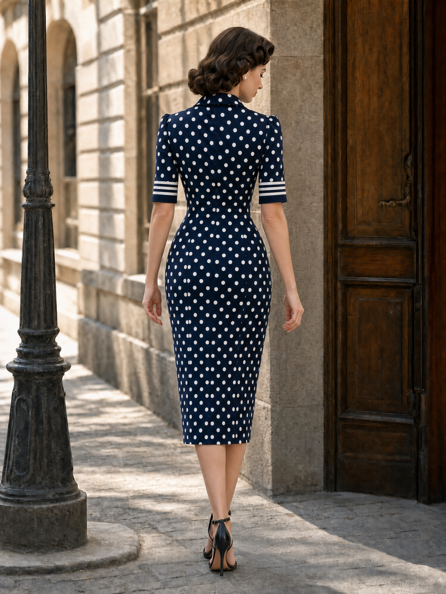 Vintage Nautical Collar Polka Dot Print Bodycon Midi Dress