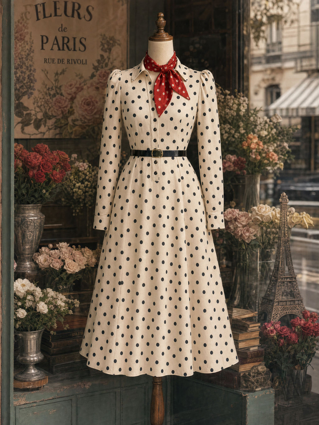 Vintage Polka Dot Printed Waist-Tied Blouse Midi Dress