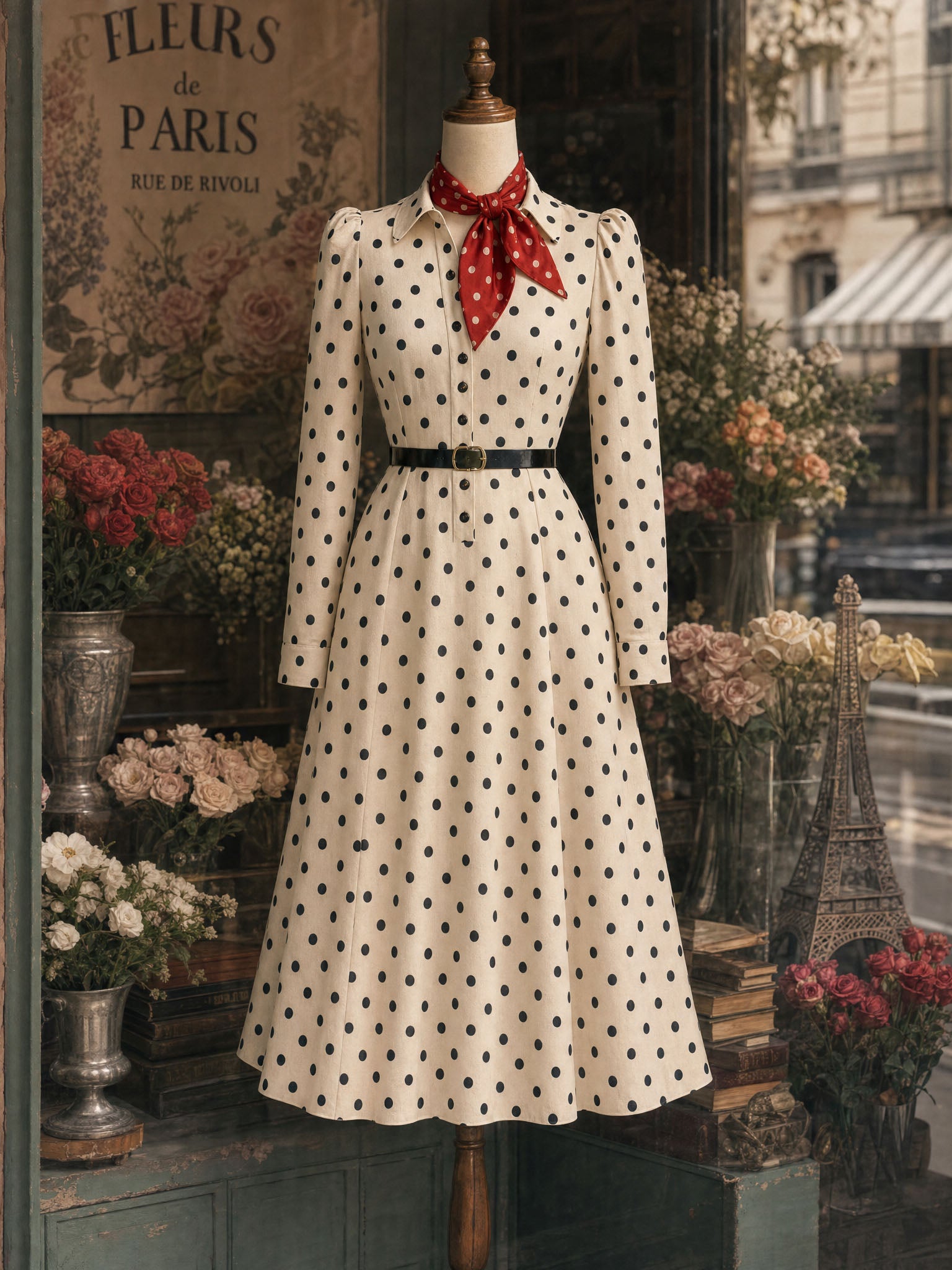 Vintage Polka Dot Printed Waist-Tied Blouse Midi Dress