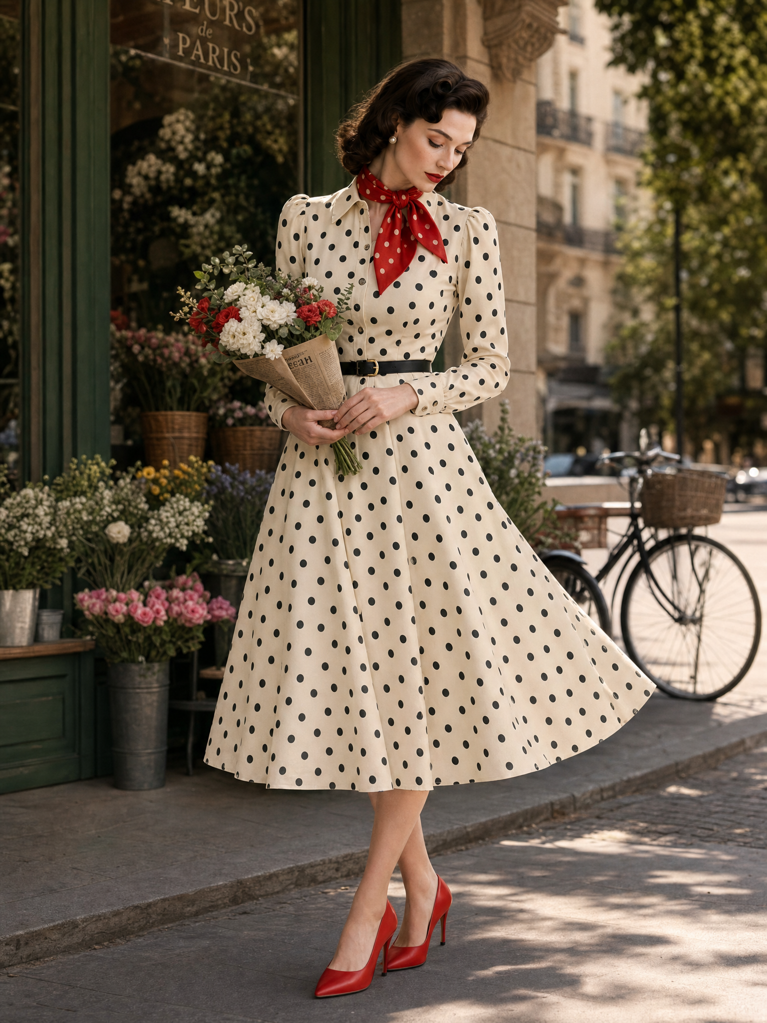 Vintage Polka Dot Printed Waist-Tied Blouse Midi Dress