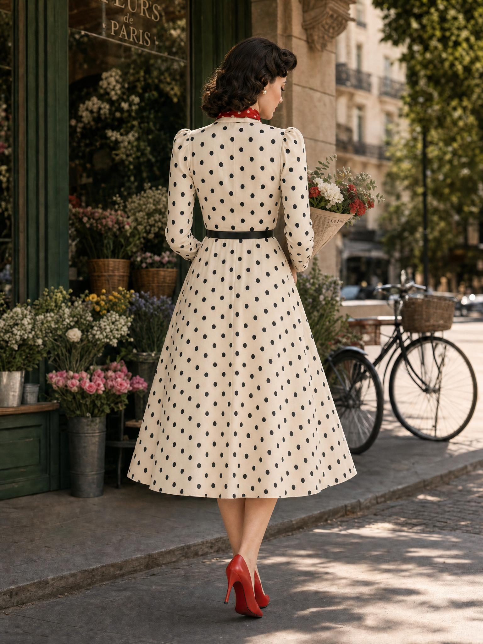 Vintage Polka Dot Printed Waist-Tied Blouse Midi Dress