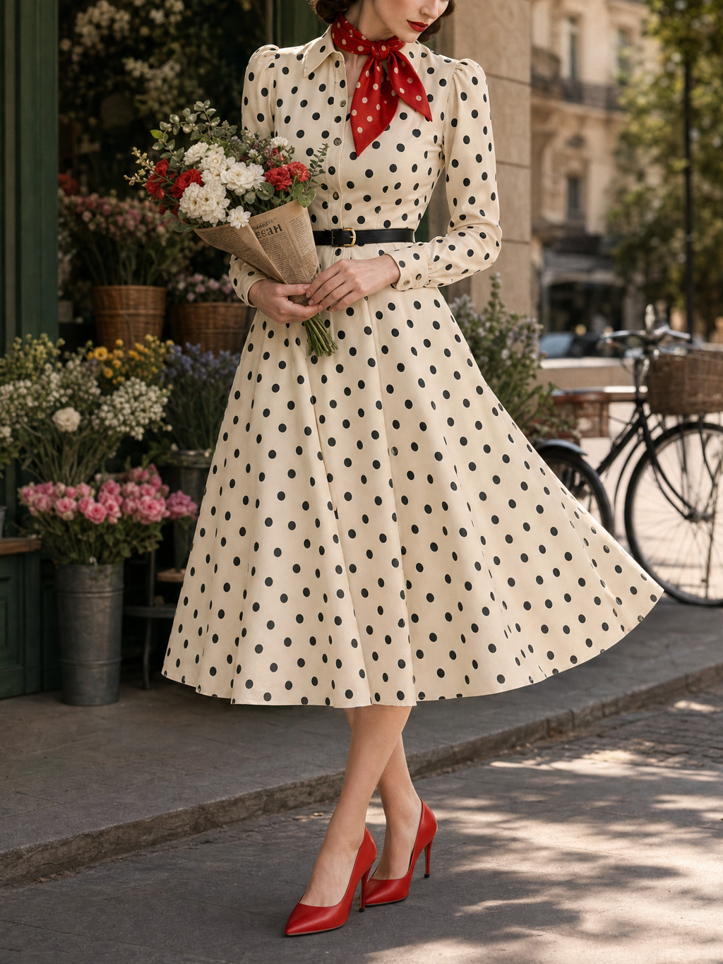 Vintage Polka Dot Printed Waist-Tied Blouse Midi Dress