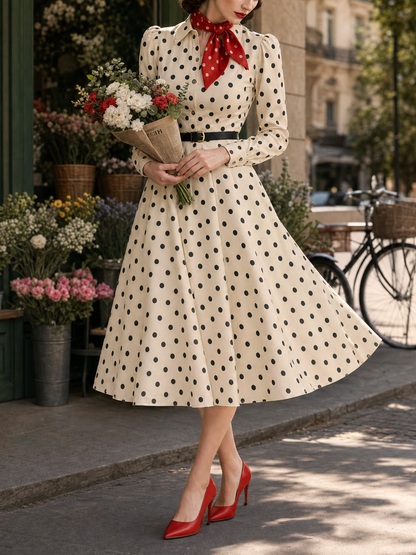 Vintage Polka Dot Printed Waist-Tied Blouse Dress
