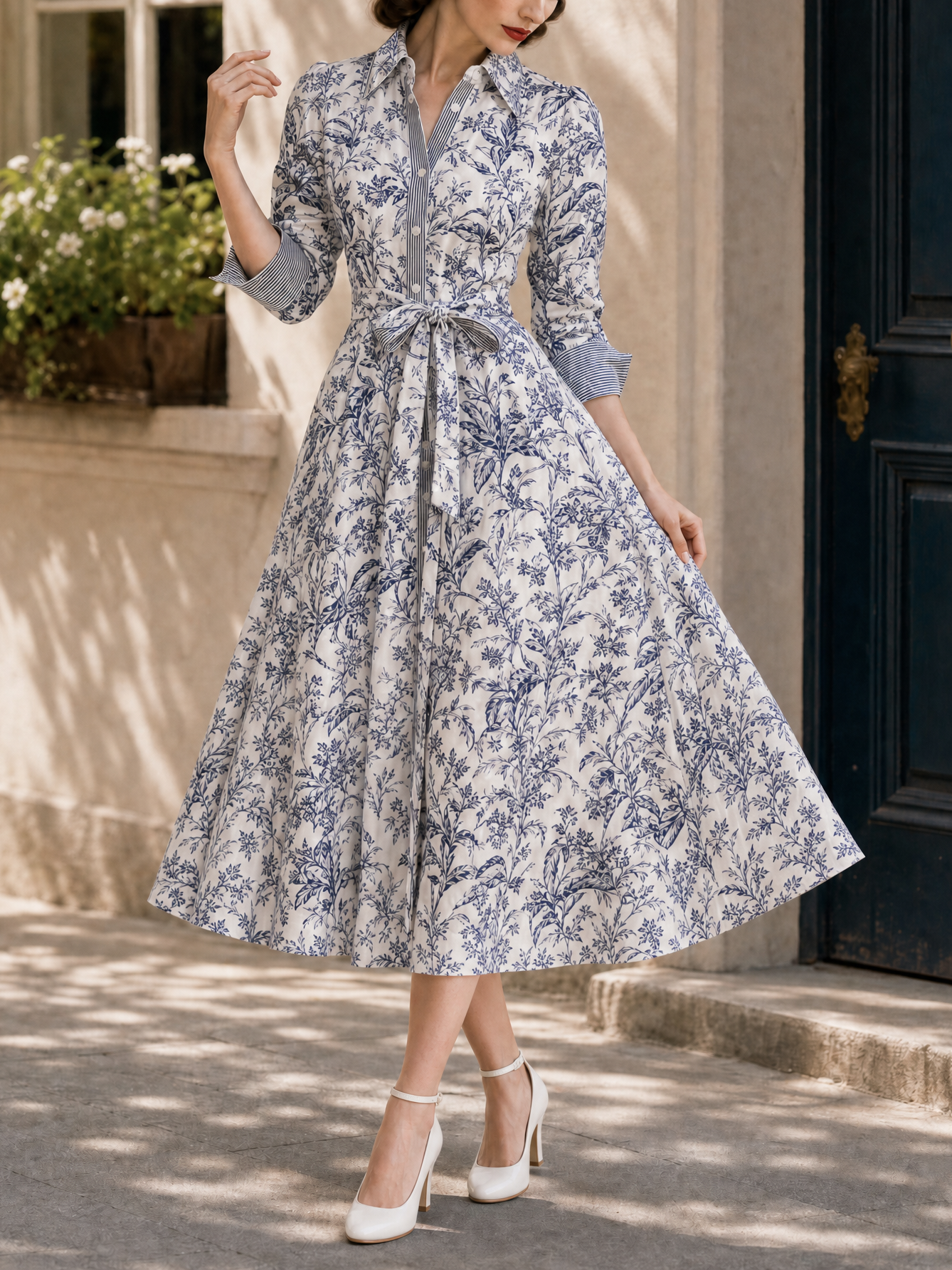 Vintage Floral Print Tie Waist Blouse Dress