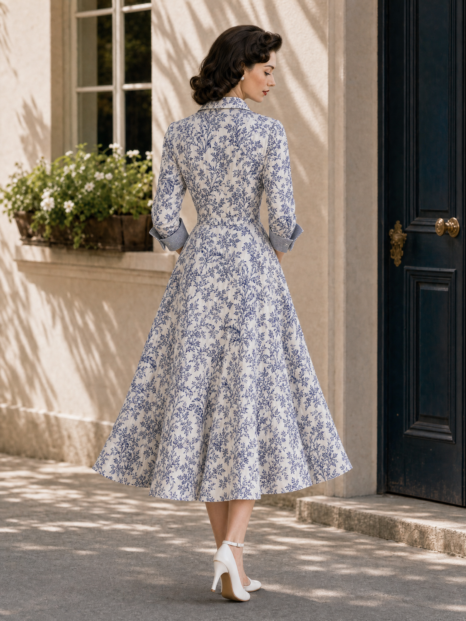 Vintage Floral Print Tie Waist Blouse Midi Dress