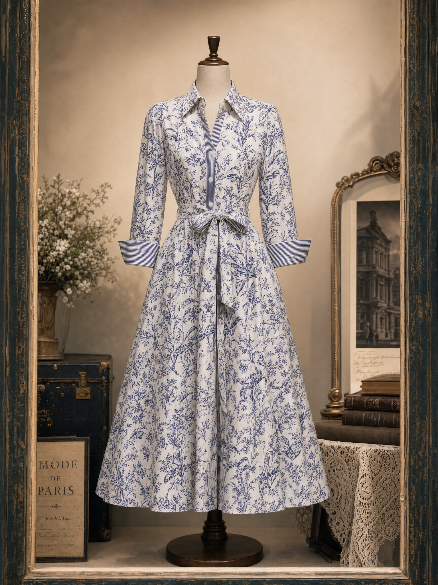 Vintage Floral Print Tie Waist Blouse Midi Dress