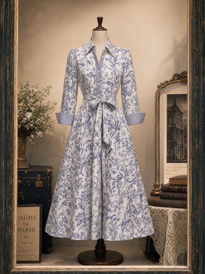 Vintage Floral Print Tie Waist Blouse Dress