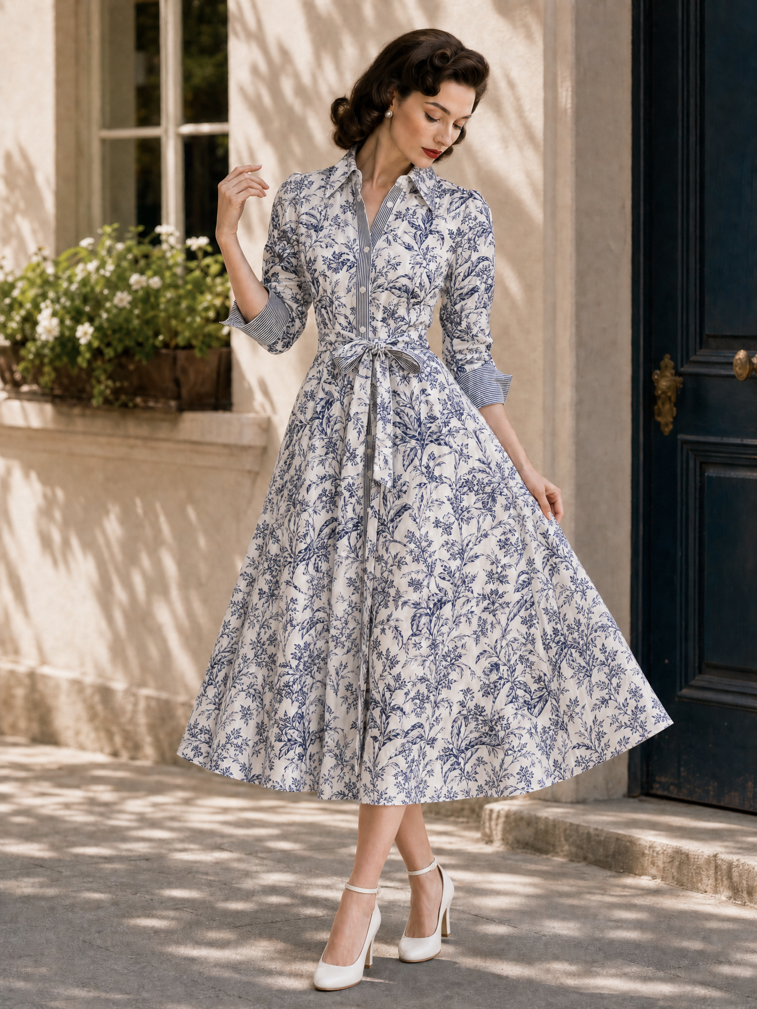 Vintage Floral Print Tie Waist Blouse Midi Dress