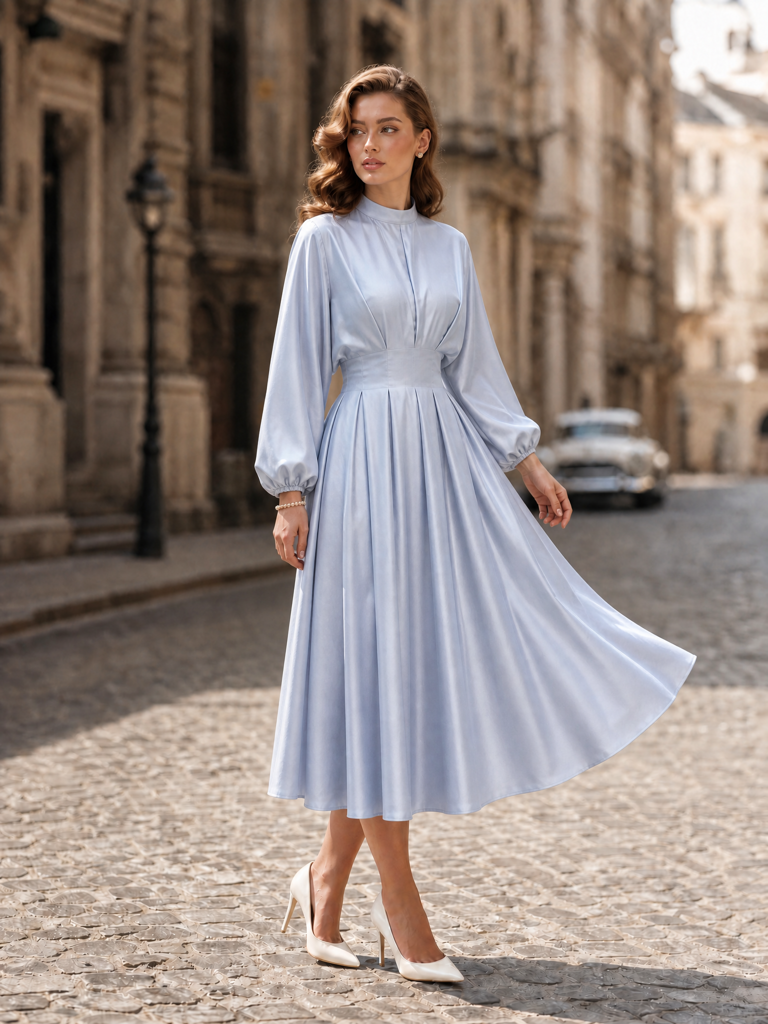 Elegant Sky-Blue Mock-Neck Satin Midi Dress