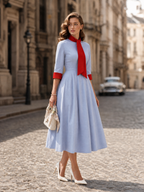 1950s Vintage Sky-Blue Contrast Red Tie-Neck Fit-and-Flare Midi Dress