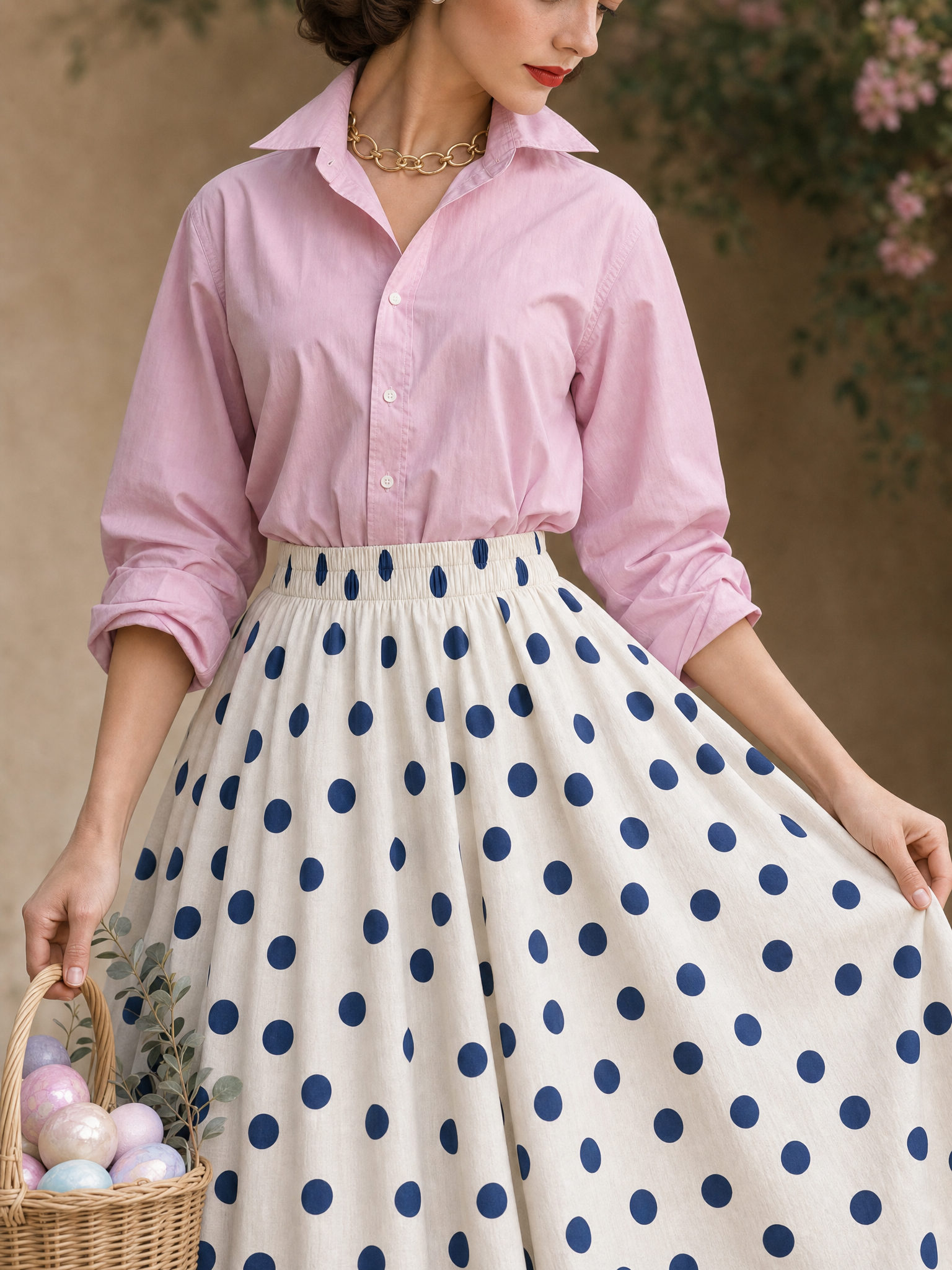 Vintage Polka Dot Printed Elastic Waist Umbrella Midi Skirt